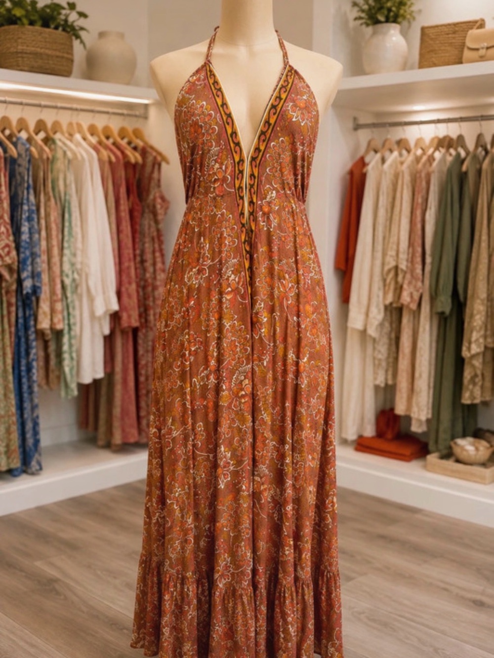 Rust Halter Maxi Dress with Floral Print